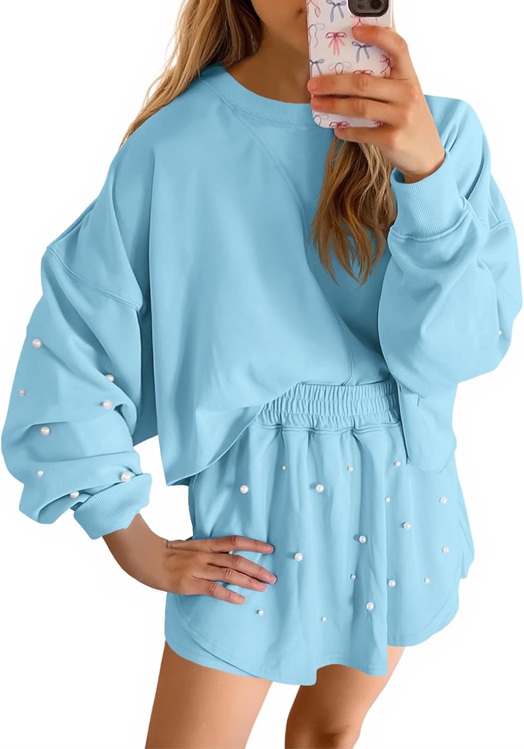 Fisoew Womens Lounge Sets 2 Piece Outfits with Pearl Design