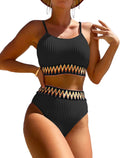 Women's High Waisted Ribbed Two Piece Bikini Set - Flattering High Cut