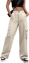 Women High Waisted Linen Blend Cargo Pants Wide Leg - 6 Pockets