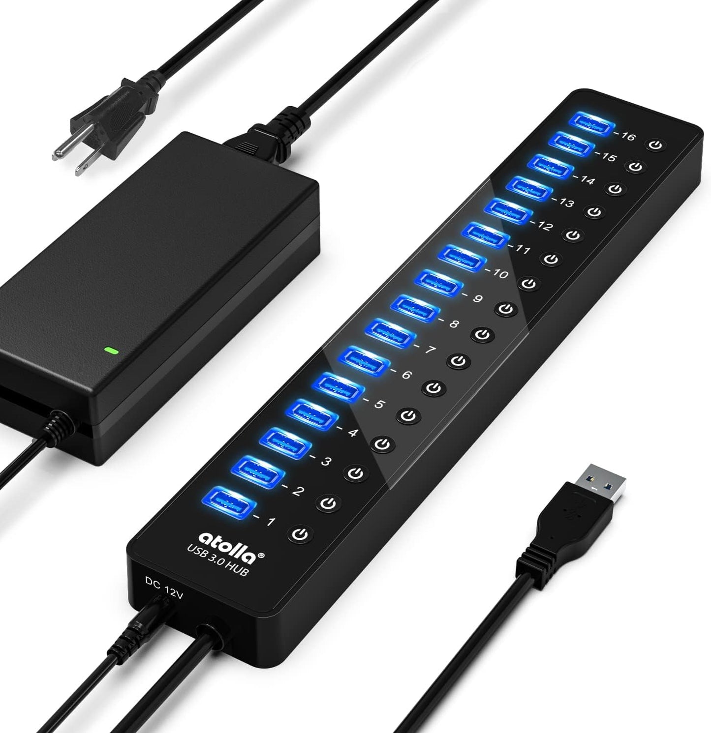 Power USB Hub 3.0 with 16 Ports and Individual Switches for Fast Data