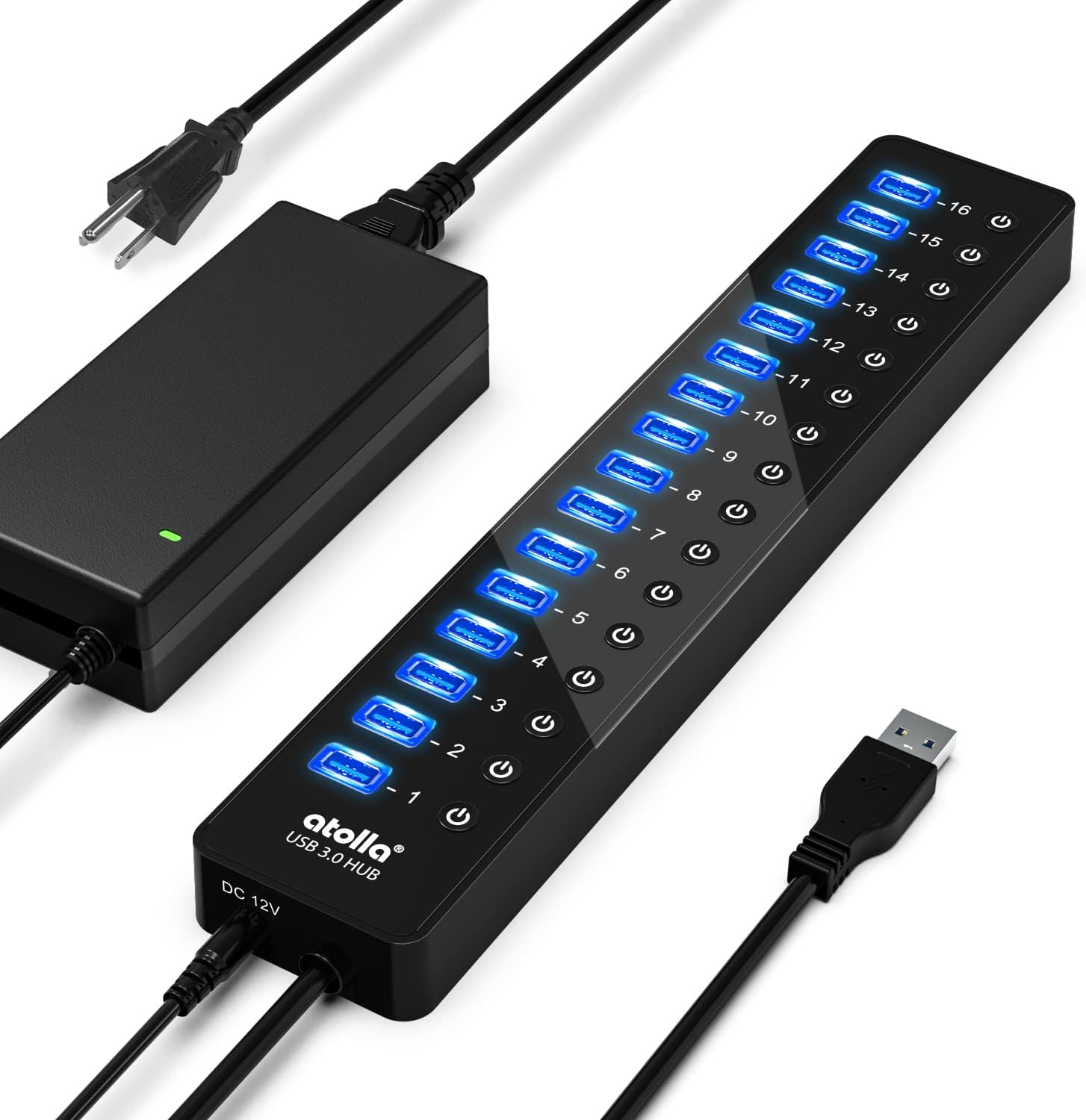 Power USB Hub 3.0 with 16 Ports and Individual Switches for Fast Data