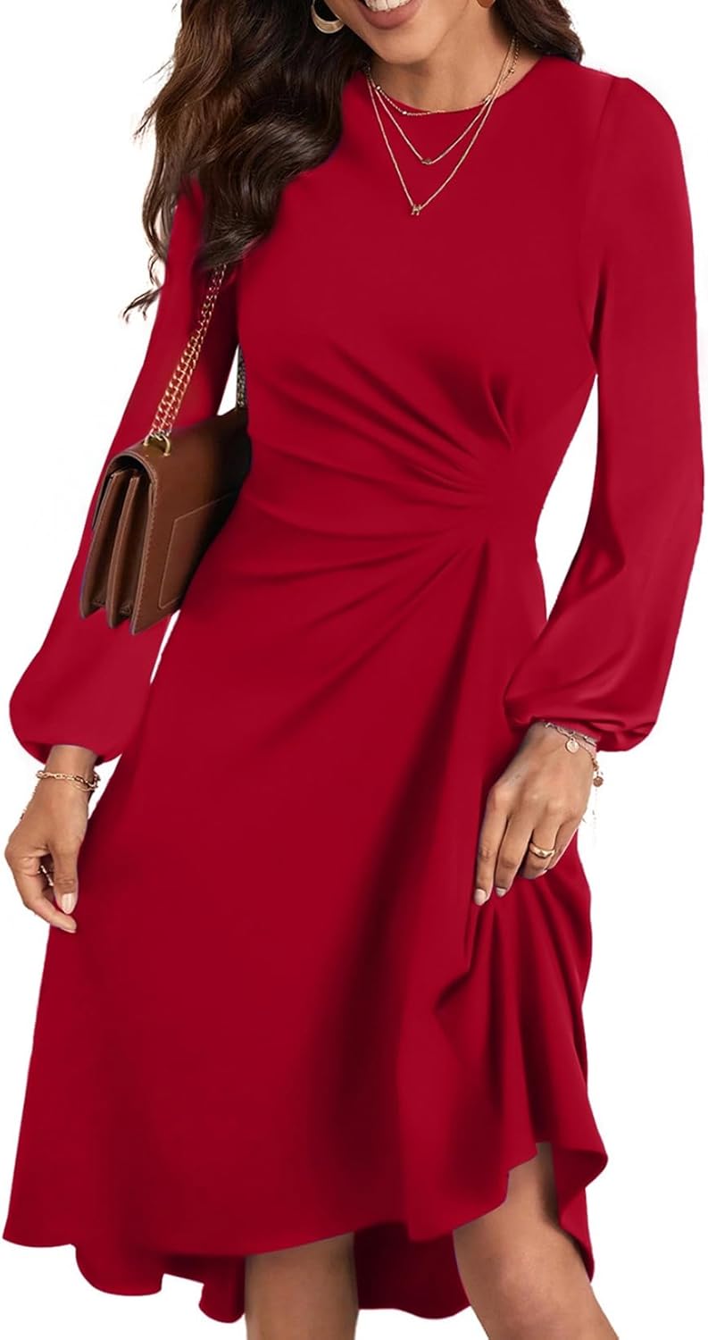 Happy Sailed Women's Long Sleeve Ruched Waist Midi Dress