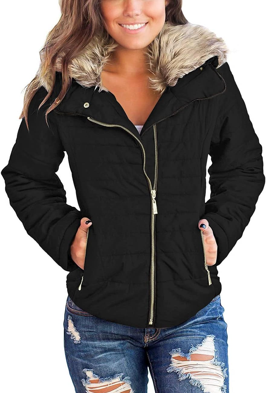 Vetinee Women Casual Faux Fur Lapel Zip Pockets Quilted Parka