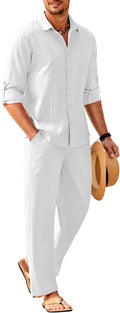 COOFANDY Mens Linen Sets 2 Piece Cuban Shirt and Pants Set - Summer as