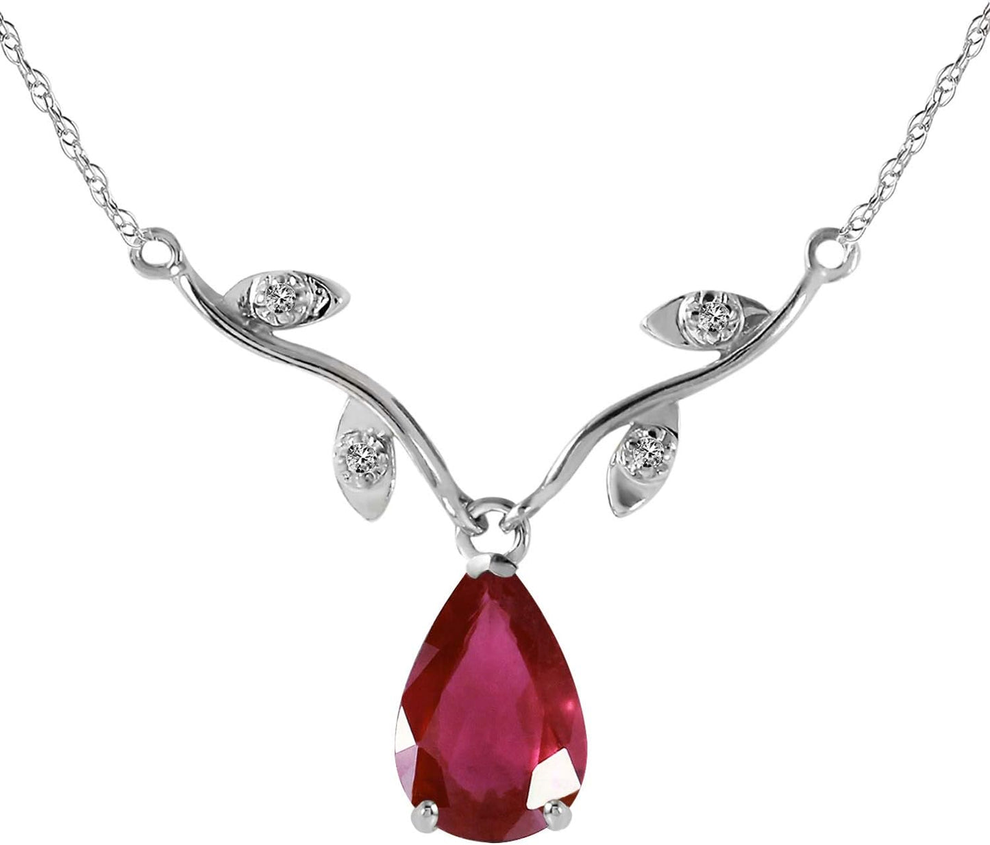 14K Solid White Gold Ruby and Diamond Necklace with Vine Design