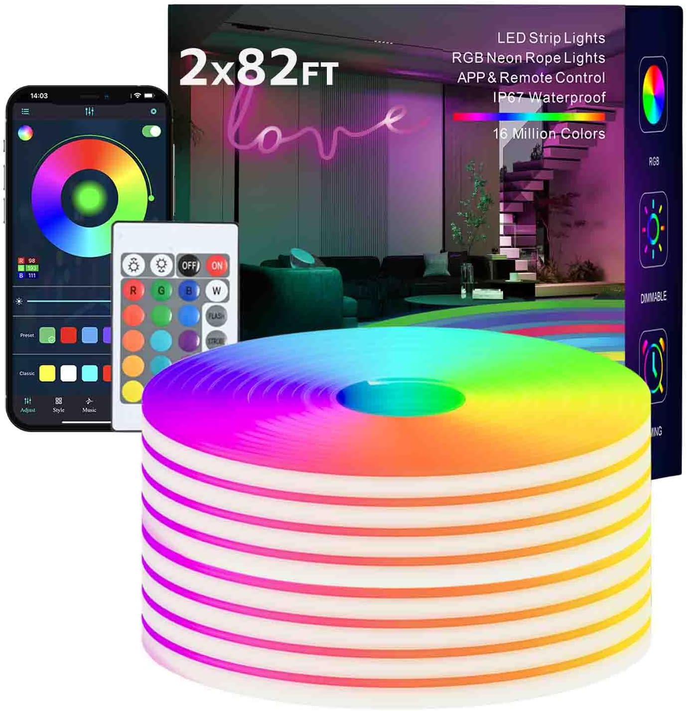 RGB Neon Strip Lights 164FT for Bedroom and Outdoor Use