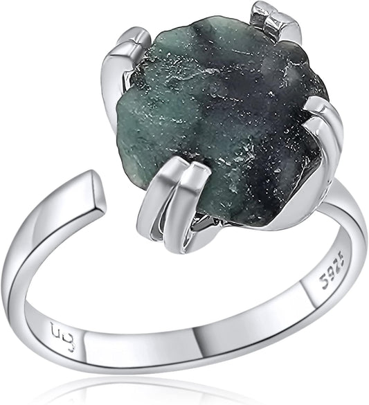 Natural Raw Gemstone Adjustable Finger Ring in White Gold Finish