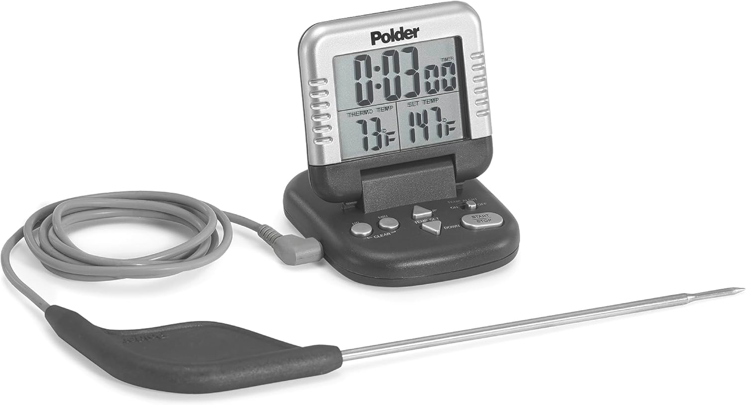 Polder Digital Meat Thermometer: Stainless Steel Probe, 24-Hour Timer