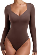 REORIA Long Sleeve Bodysuit Square V Neck - Slimming Thong Top Tops