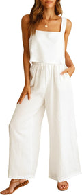 2 Piece Linen Rayon Women Outfit - Casual Summer Jumpsuit Set