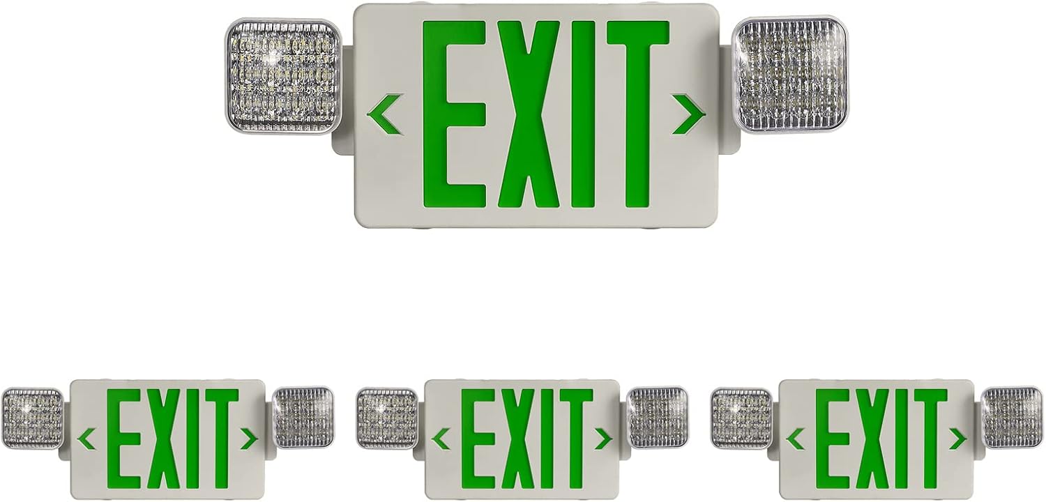 TANLUX Green Exit Sign with Emergency Lights - 4 Pack Combo