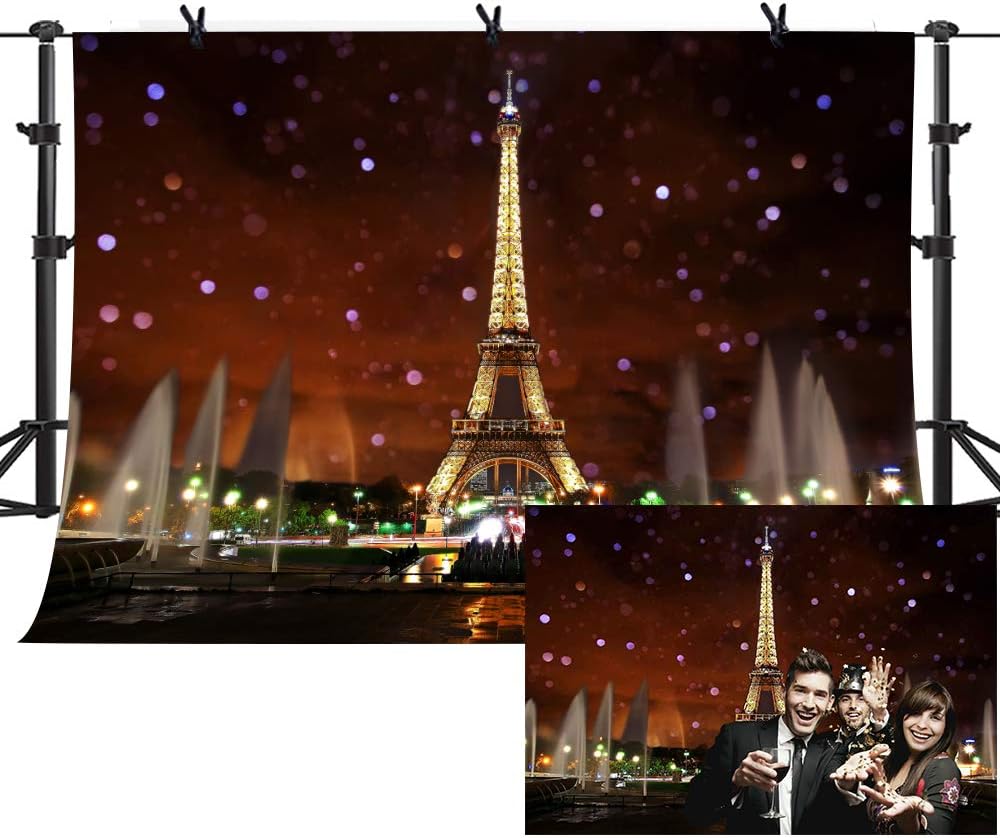 Eiffel Tower Backdrop for Party - Romantic Night Scene 10x7Ft