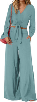 Women's 2 Piece Outfits V Neck Crop Top & Wide Leg Pant - Cozy Fall