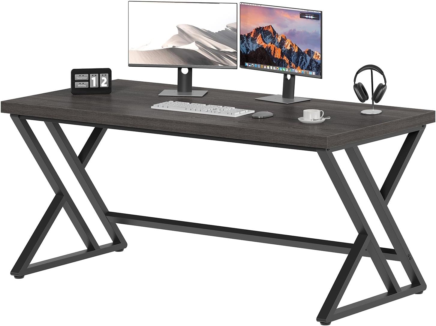 Modern Farmhouse Student Desk, 55 Inch Dark Gray Oak