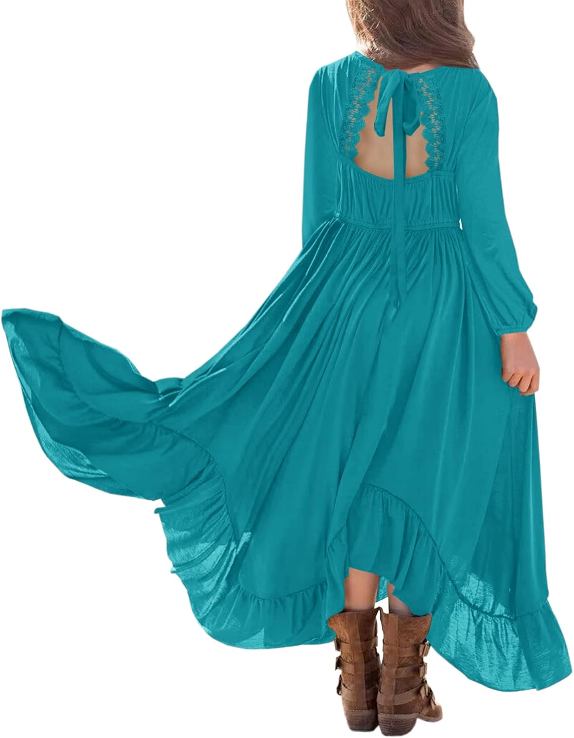 MITILLY Girls Boho Lace Flower Backless Long Sleeve Maxi Dress
