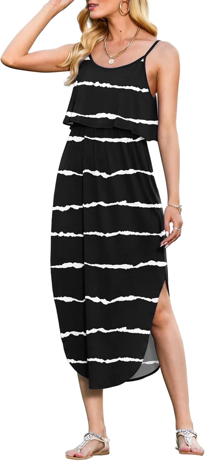 LILBETTER Women's Adjustable Strappy Split Summer Midi Dress