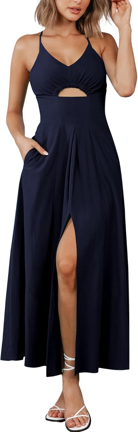 BTFBM Women Summer Spaghetti Strap Midi Dress with Pockets