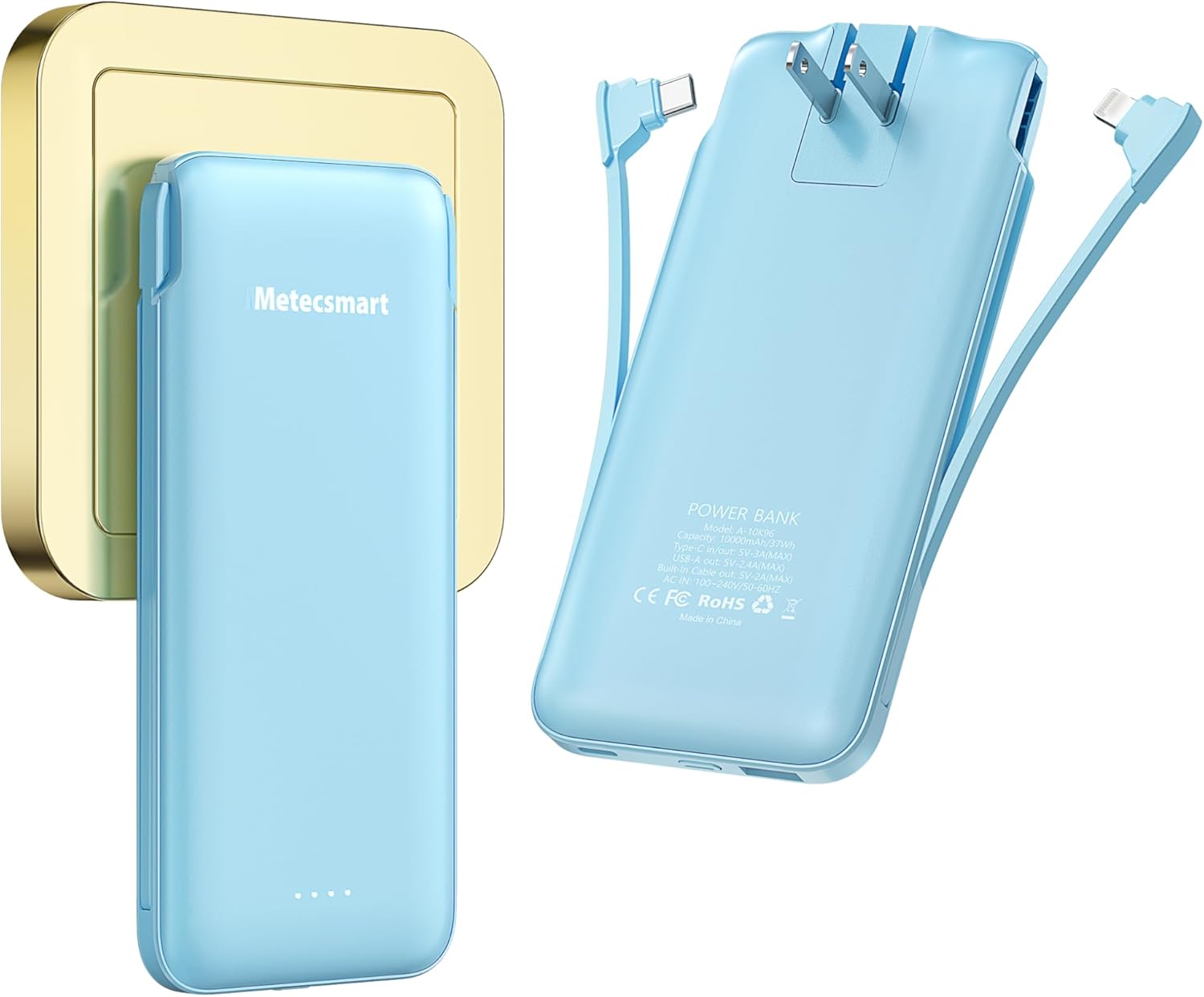 Portable Charger Power Bank with Built-in Cable & AC Plug