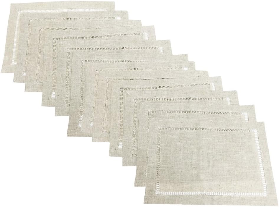 Handmade Hemstitch Design Natural Placemats Set of 12 for Dining