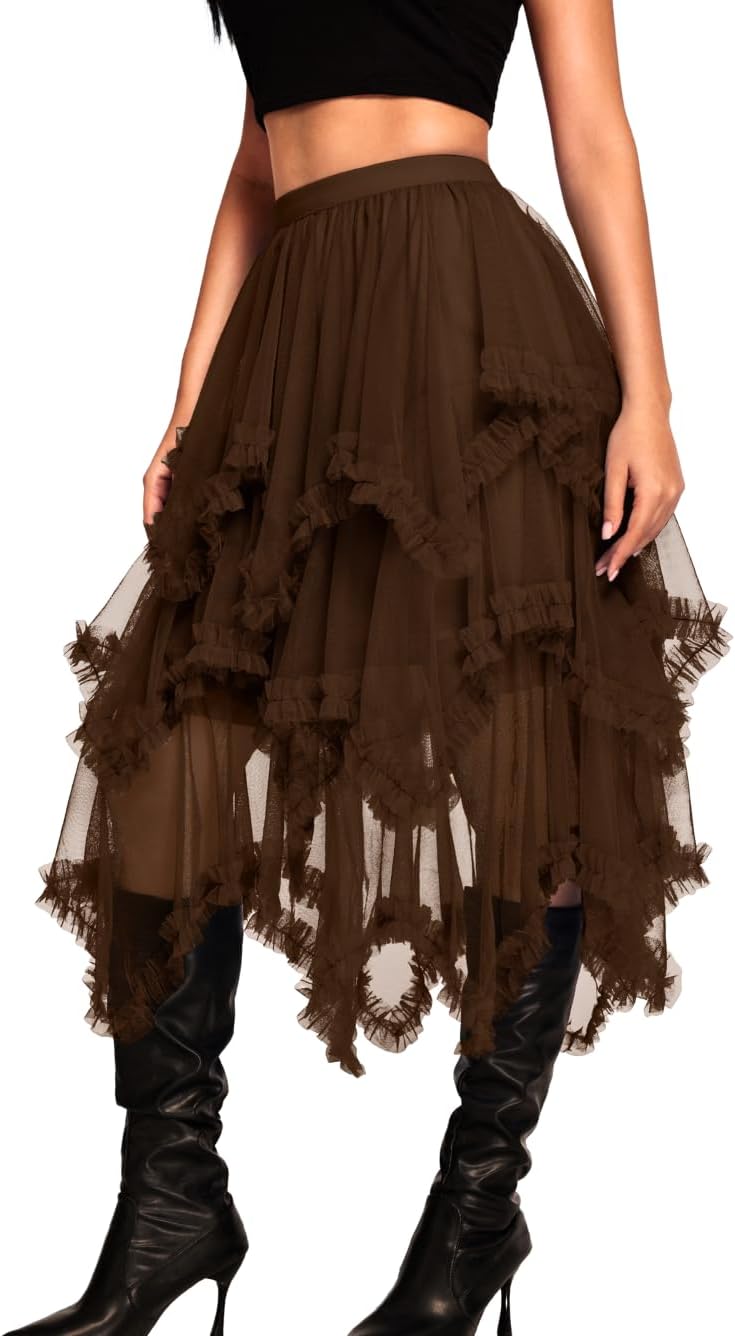 Kaei&Shi Long Tulle Skirt: High Waisted Ruffle Skirts for Women