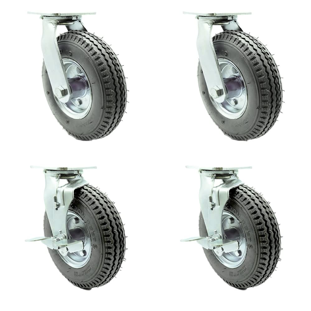 8 Inch Pneumatic Casters Set of 4 - Heavy Duty Gray Rubber Wheels
