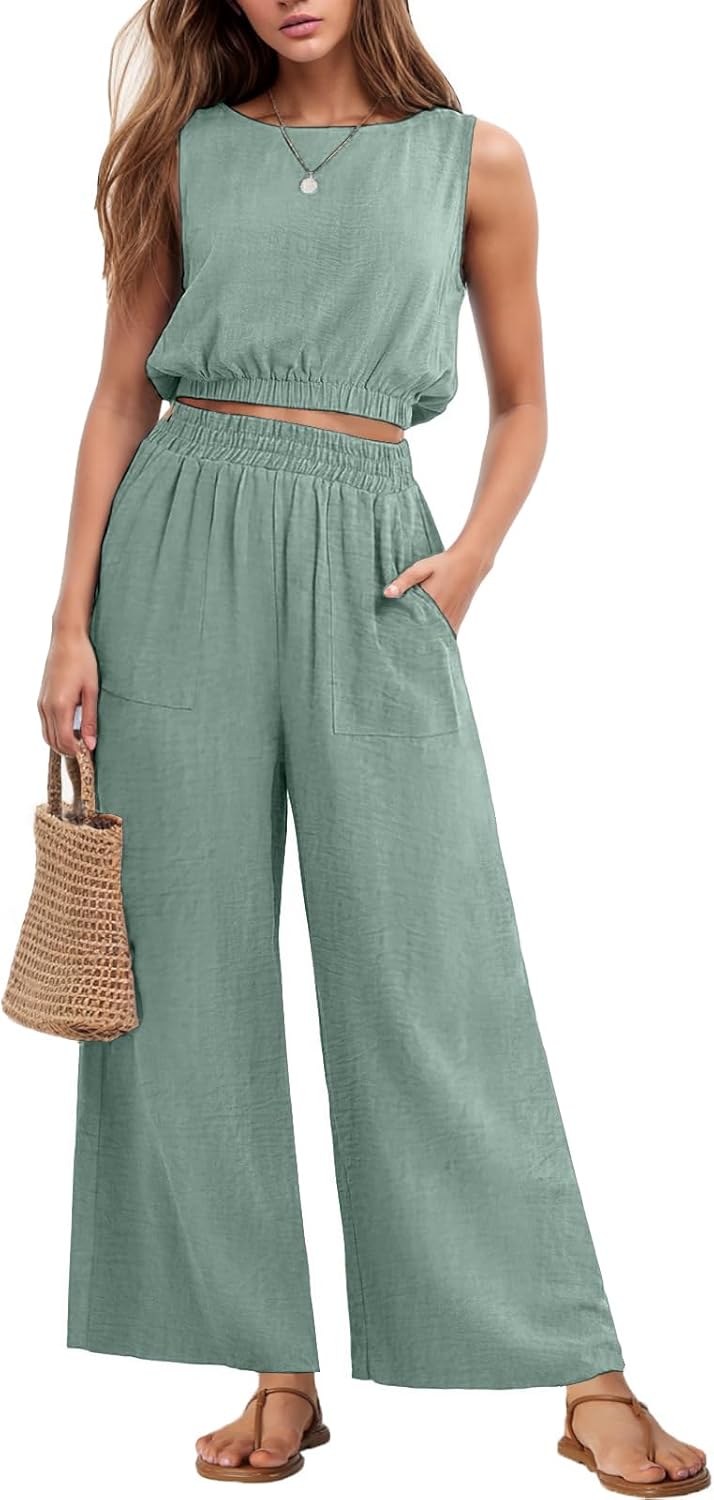 GRECERELLE Two Piece Sets for Women Sleeveless Crop Top Pants