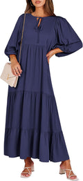 Boho Maxi Dress V Neck Puff Sleeve - Flowy Summer Swing ANRABESS