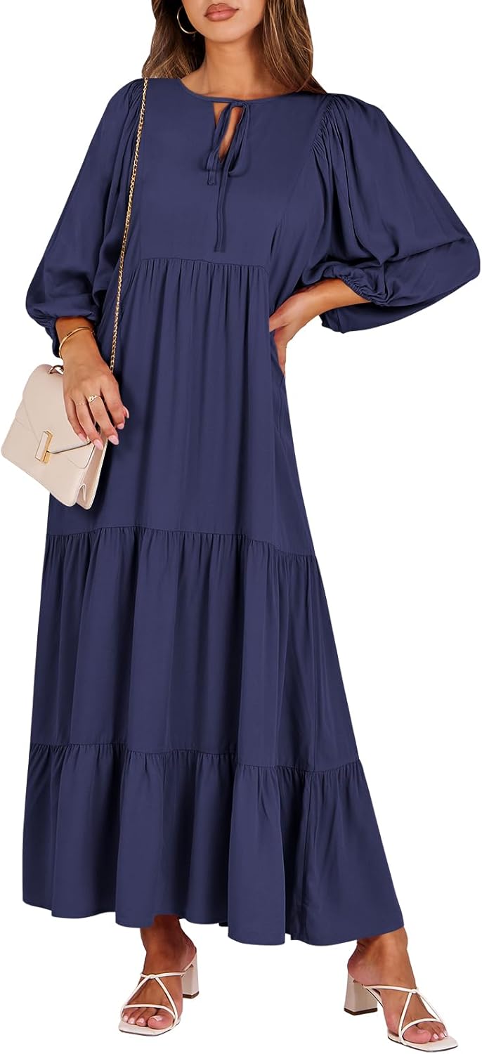 Boho Maxi Dresses for Women - Floral V Neck Puff Sleeve Style