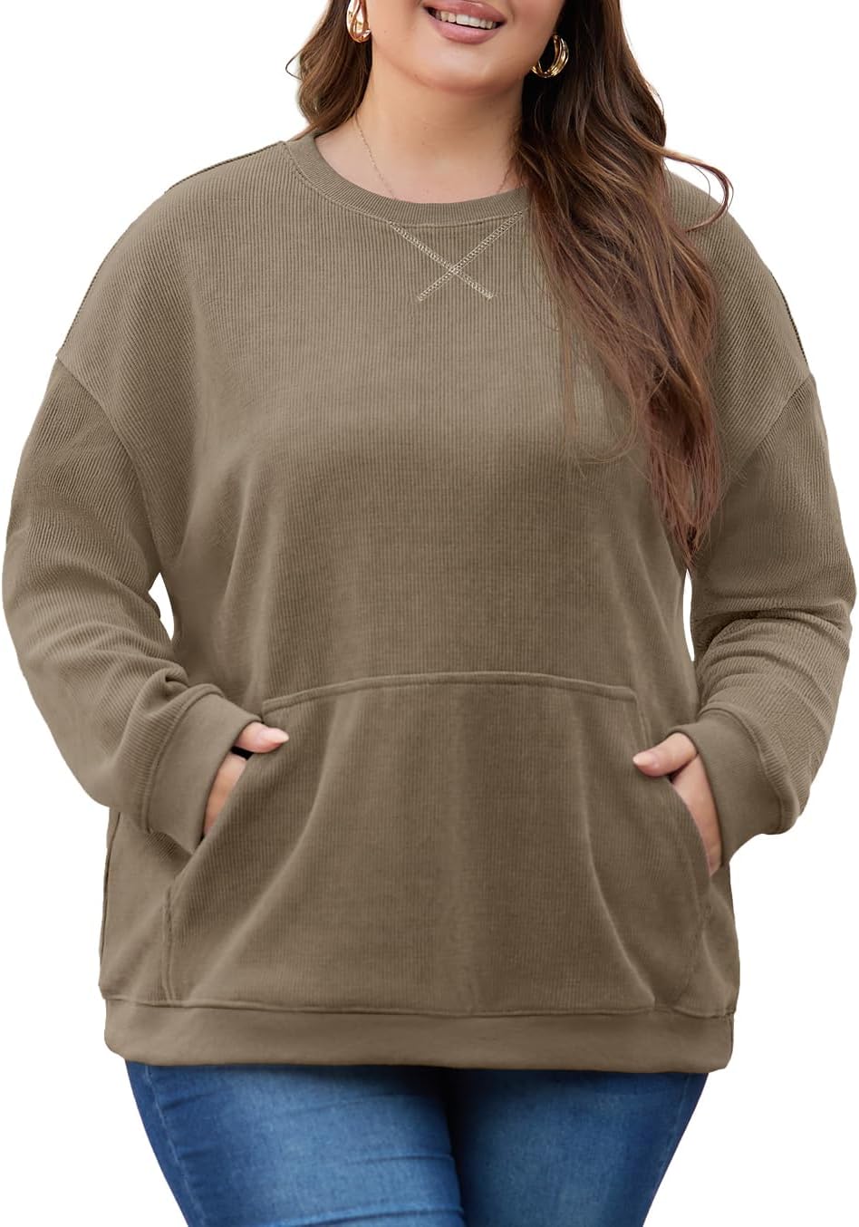 OLRIK Women Plus Size Oversized Corduroy Sweatshirt with Pocket