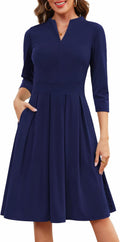 Zattcas Women 3/4 Sleeve Vneck Pleated Midi Dress - Modest Workwear is