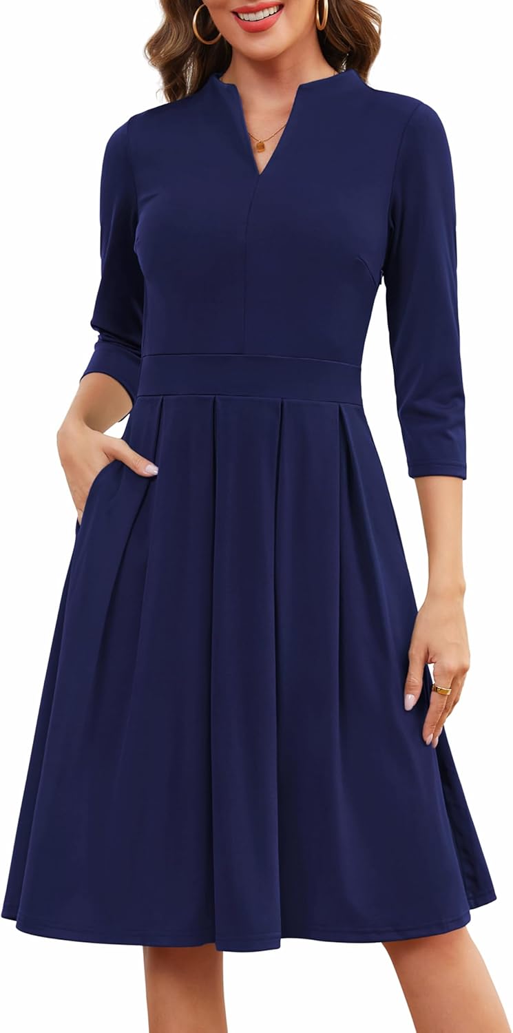 Zattcas Women 3/4 Sleeve Vneck Fall Dress with Pockets