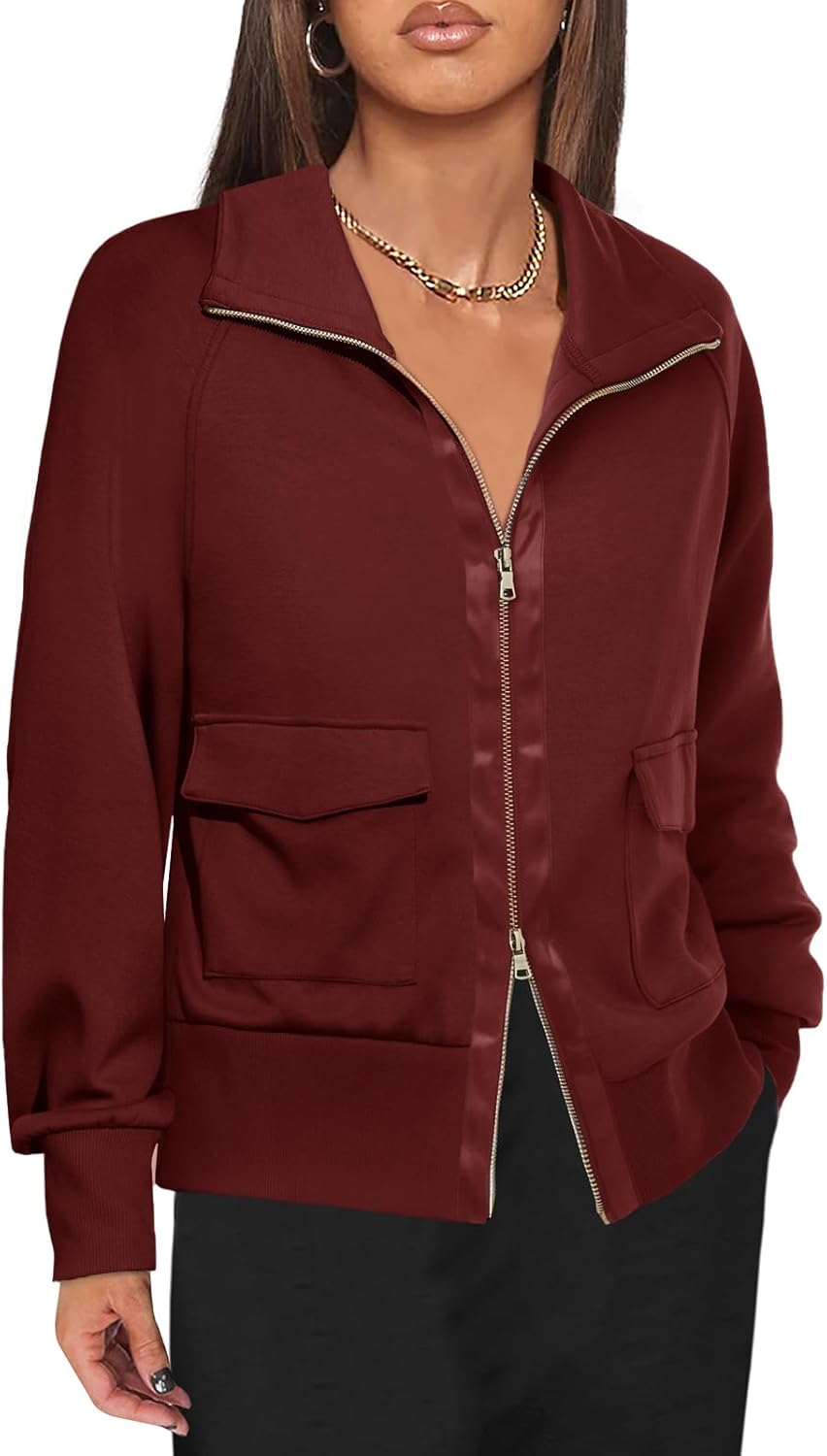 Fisoew Women's Zip Up Sweatshirt Collared Neck Lightweight Jacket