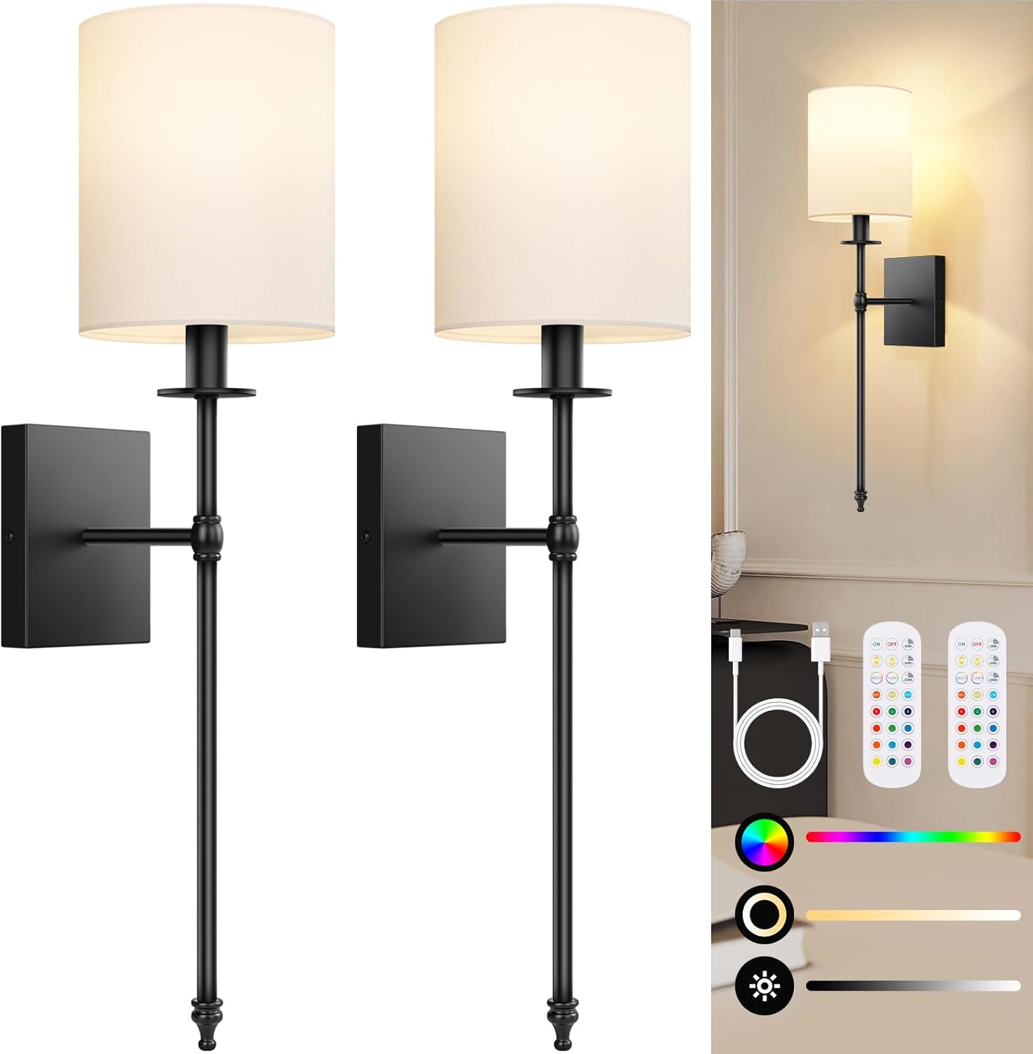 27 Inch Black Battery Operated Wall Sconces Set of 2 for Home