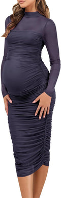 Navy Blue Maternity Mesh Bodycon Dress for Women - Mock Neck Midi
