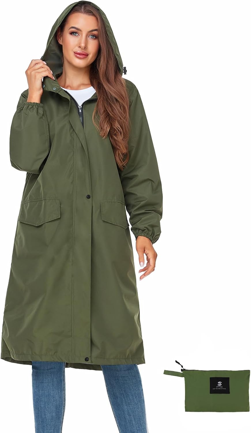 SaphiRose Women's Long Rain Jacket Waterproof Lightweight Hooded