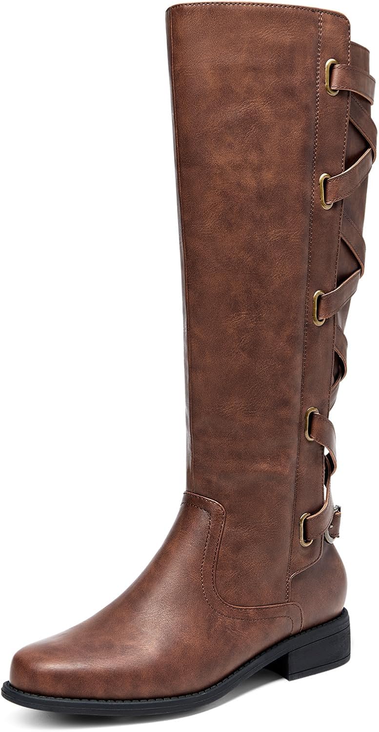 Syktkmx Womens Strappy Motorcycle Knee High Boots for Winter