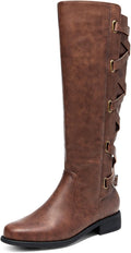 Syktkmx Womens Strappy Motorcycle Knee High Boots - Comfortable Low up