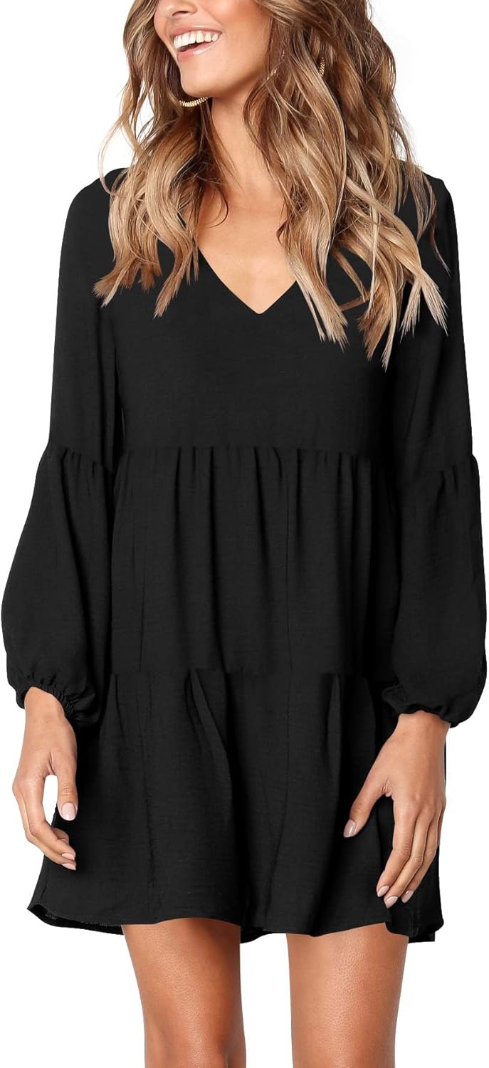 Amoretu Womens Tunic Dress Long Sleeve V Neck Casual Style