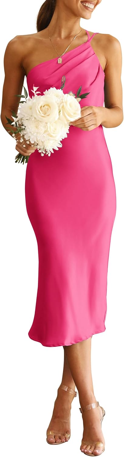 Elegant Midi Satin Dress for Women - One Shoulder Bodycon Style