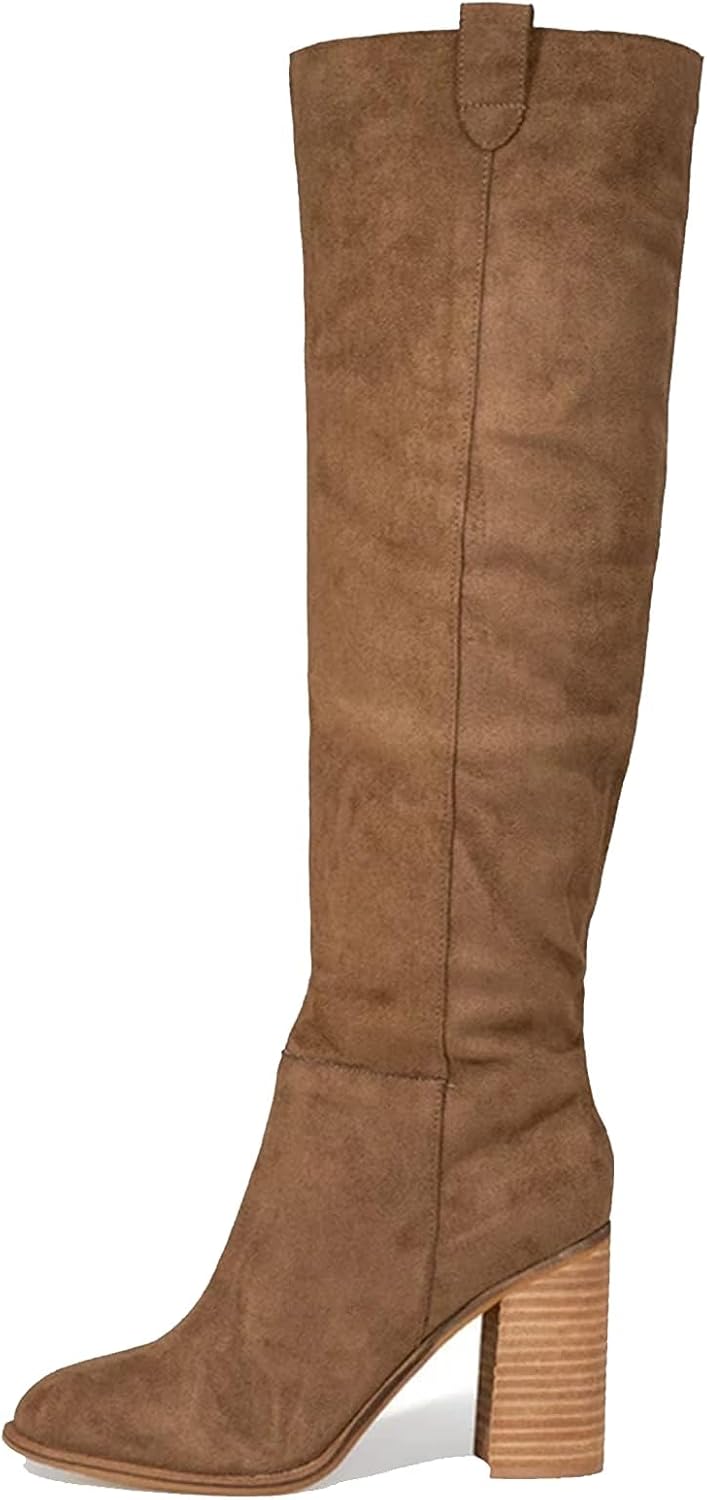 Erocalli Suede Knee-High Boots for Women with Chunky Heels