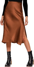 Womens Satin Silk High Waist Slit Midi Skirt - Versatile Chic Style