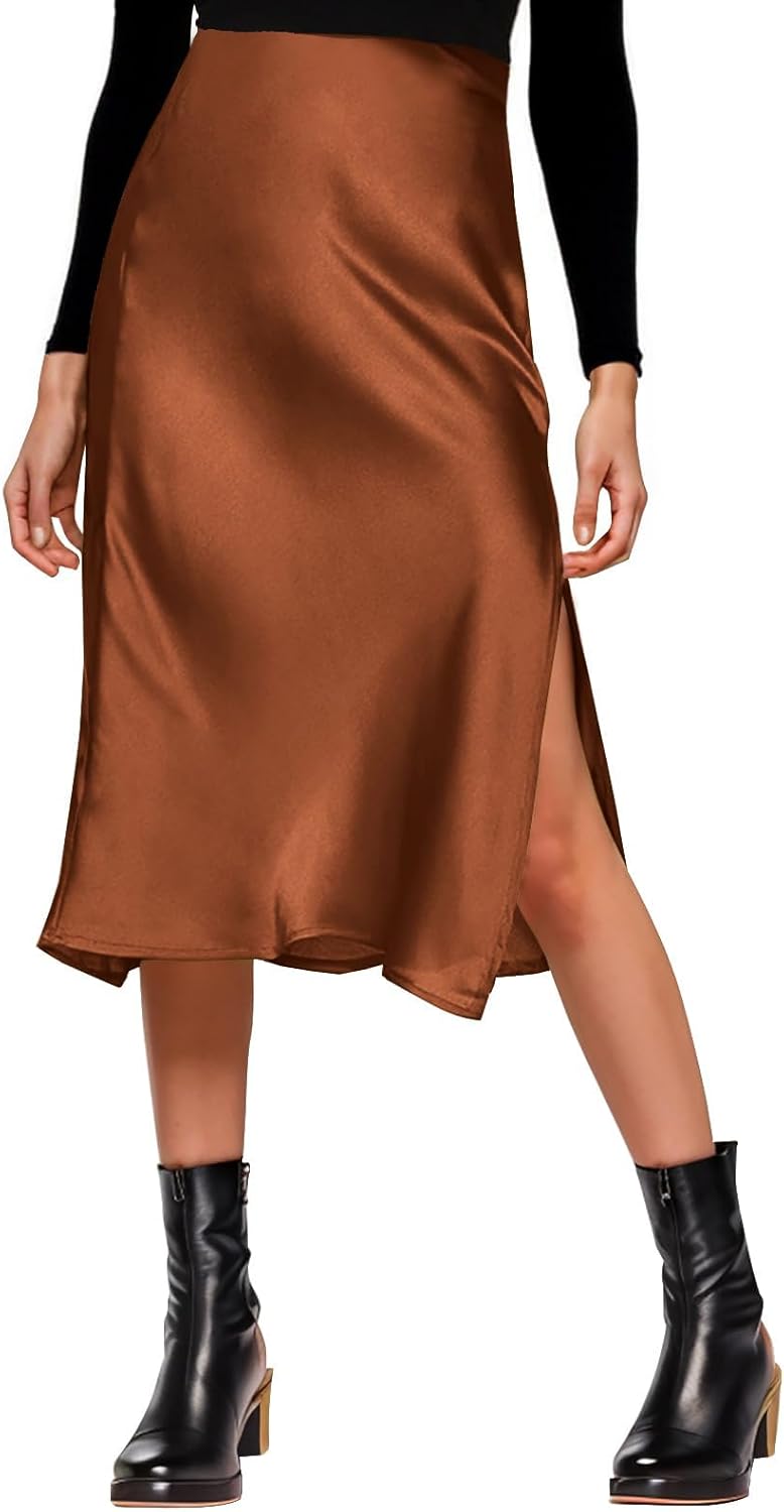 Womens Satin Silk High Waist Slit Midi Skirt for Every Occasion