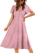 Women's Floral Button Up Split Dress Midi - Comfortable Boho V-Neck