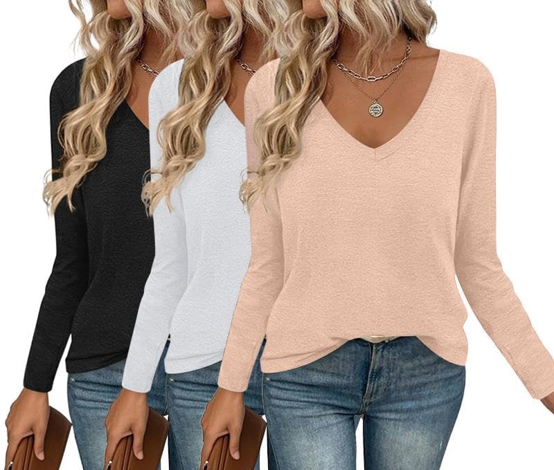 Ekouaer Long Sleeve V Neck T Shirts for Women - 3 Pack Casual Tops