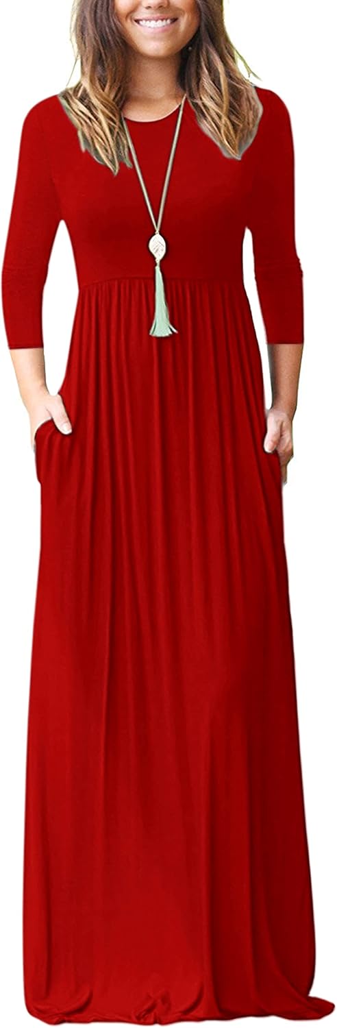 WNEEDU Women's 3/4 Sleeve Casual Maxi Dresses with Pockets