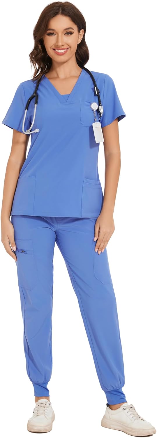 COZYFIT Scrubs for Women - V-Neck Top & Cargo Pants Set