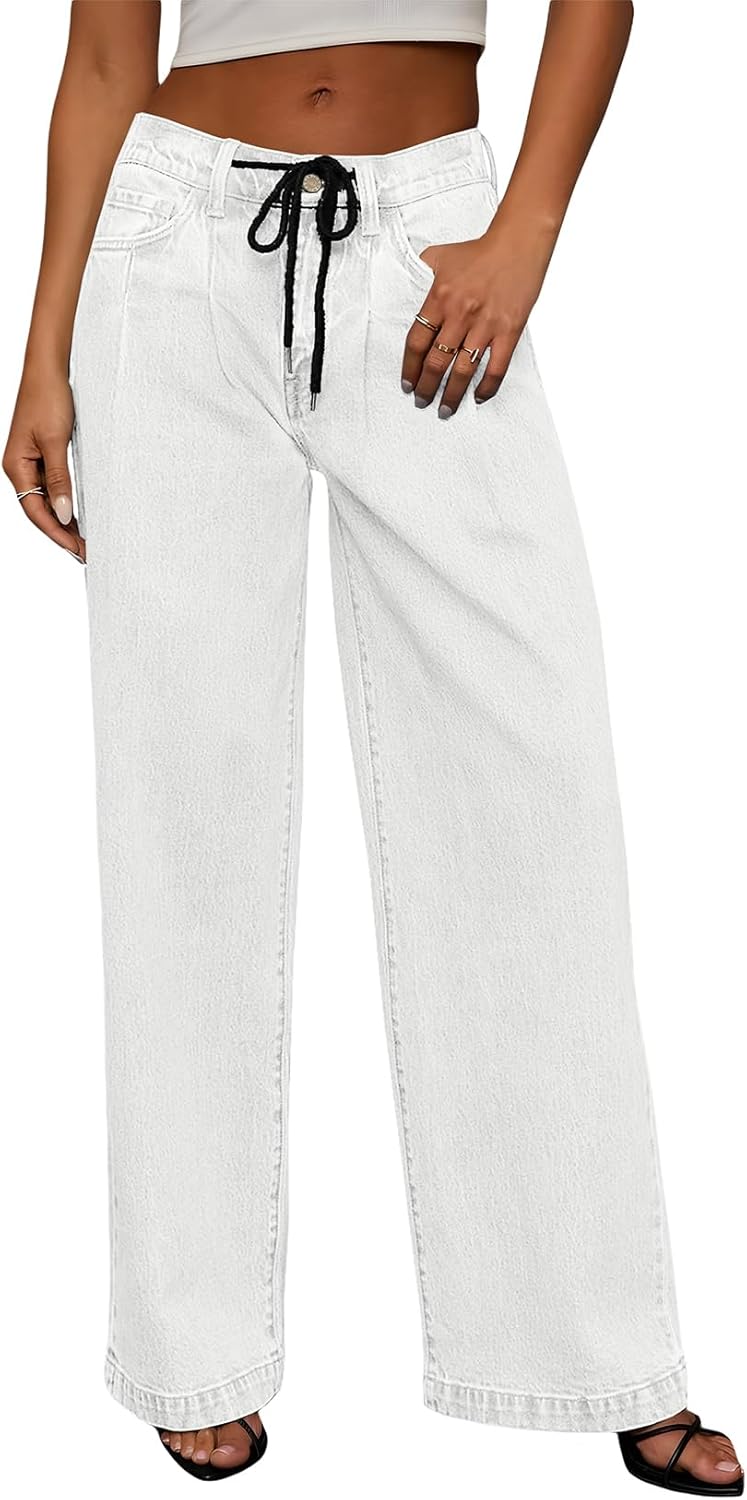Sidefeel Women's High Waisted Wide Leg Drawstring Jeans for Style