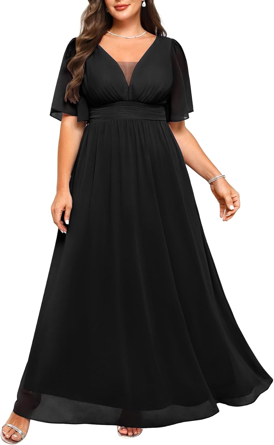 Plus Size Formal Dresses with V Neck Flutter Sleeves for Elegance