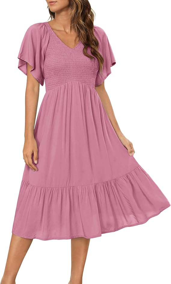 Zattcas Womens Summer Dress Short Flutter Sleeve V Neck Ruffle
