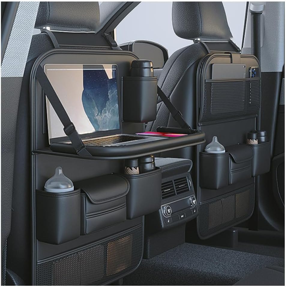 2 Pack Leather Car Backseat Organizer with Foldable Table Tray